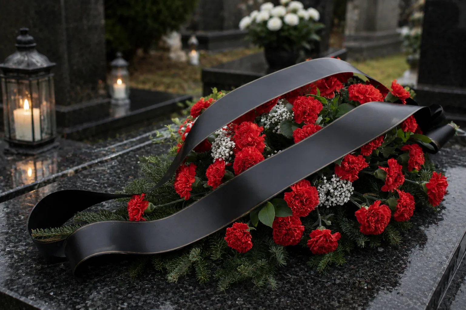 Red Carnation Wreath with Black Ribbon